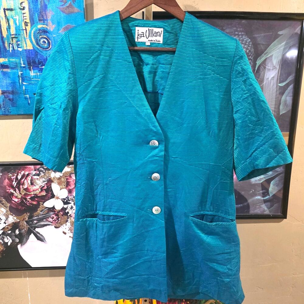 Rare 80s Vintage Italian Teal Mermaid Colorway Structural Tunic Preppy Blazer M